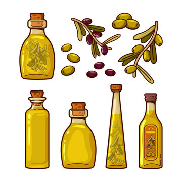 Olive oil and branch vector cartoon set isolated on a white background.