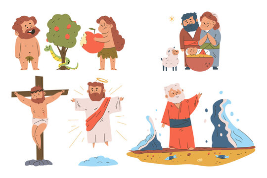 Bible narratives and religion scenes vector cartoon set isolated on a white background.