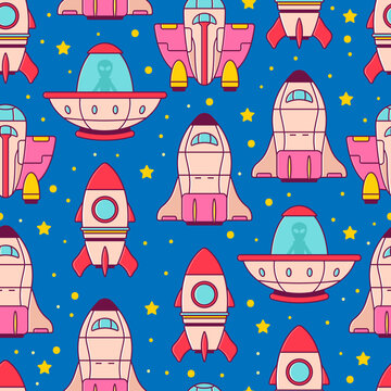 Spaceships in space vector cartoon seamless pattern.