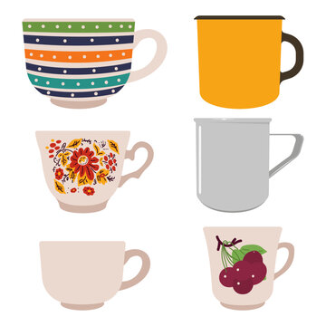 Tea cups vector cartoon set isolated on a white background.