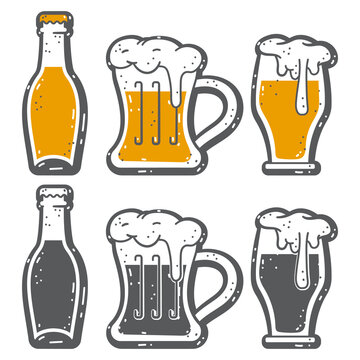 Beer mugs and bottles vector cartoon icons set isolated on a white background.