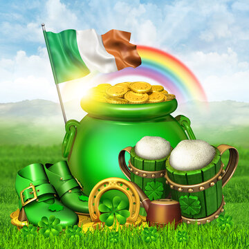 3D illustration with Irish traditional lucky charms and symbols: shamrock, rainbow, horseshoe, full pot of gold coins, beer mugs, leprechaun green shoes. St. Patrick's Day celebration banner design