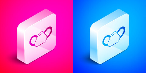 Isometric Medical protective mask icon isolated on pink and blue background. Silver square button. Vector