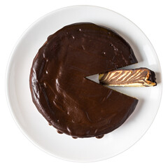 Chocolate homemade baked round cake. Top view. Isolated background