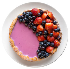 Homemade baked berry pie cake with strawberry and blueberry on white plate. Isolated. flat lay top view