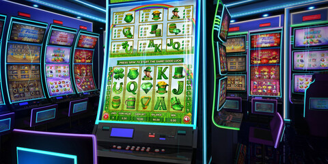 Close view of an Irish-themed video slot game on a slot machine with curved display and neon lights at the casino playroom. 3D rendered illustration