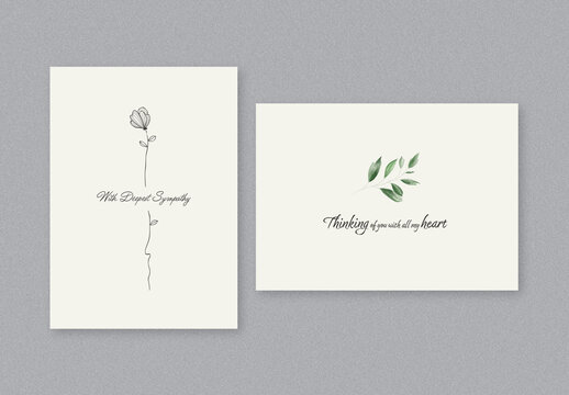 Minimal Sympathy Card Layouts with Hand Drawn Flower and Watercolor Leaves