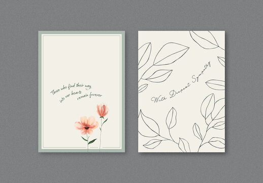 Minimal Sympathy Card Layouts with Watercolor Flowers and Hand Drawn Leaves