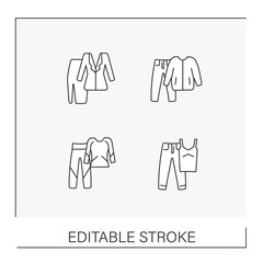  Clothes line icons set. Trendy outfits. Fashionable clothing. Shopping concepts. Isolated vector illustrations. Editable stroke