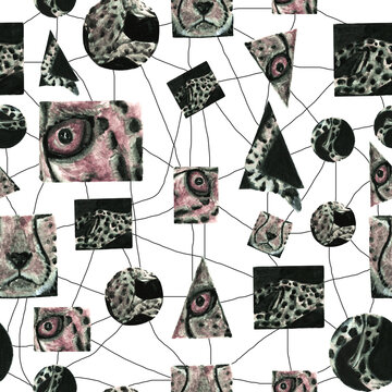 watercolor pattern cheetah in geometric shapes, yellow eye of a wild cat, square, triangle and circle  for your wallpaper and clothing design