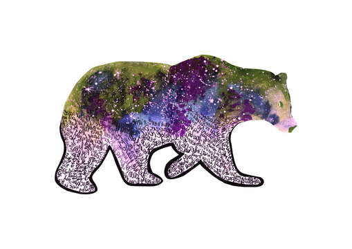 Watercolor silhouette bear, surreal space, isolated for your design, hand drawn illustration