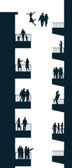 Fotobehang Here is a graphic resource of apartment buildings and people on their balconies. This is a on a transparent background. © Rob Goebel