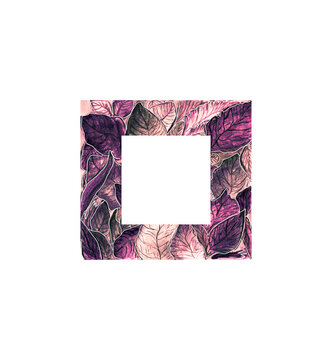 Watercolor frame template, geometry square, pink foliage gradient effect, illustration isolated for your design