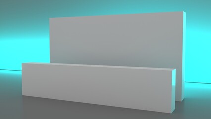 Side view of a registration stand. Mockup for evens, exhibitions and presentations. Reception desk, 3d rendering.