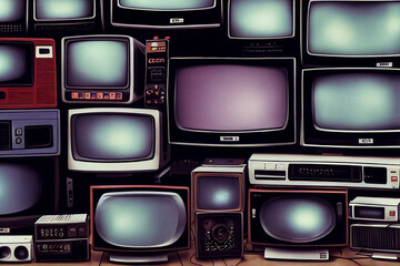 Retro-style illustration of many discarded old TVs and electronics