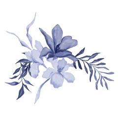 Fototapeta na wymiar Watercolor navy blue winter floral bouquet with iris flowers