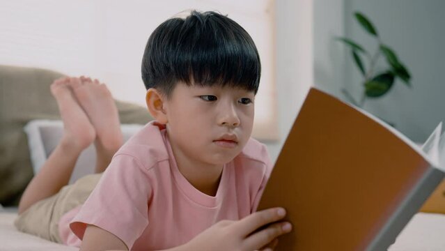 4K, Asian boy, wearing a pink shirt, Lie flat on the bed in his room, in a comfortable posture, and in his hand holding his favorite book , he opened the picture in the book , gleefully .