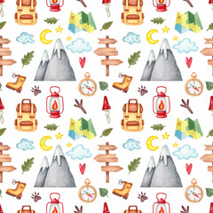 Seamless pattern with mountains, map and compass on a white background. Watercolor illustration. Journey. Camping. Pointers. Backpack. Print on fabric and wrapping paper. Traveler. Art. Design.