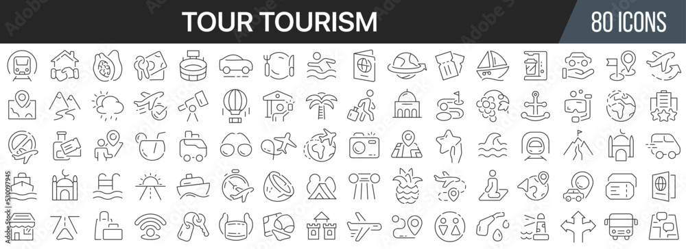 Poster tour tourism line icons collection. big ui icon set in a flat design. thin outline icons pack. vecto