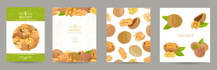 collection of card with walnuts. banner with round heap of nuts