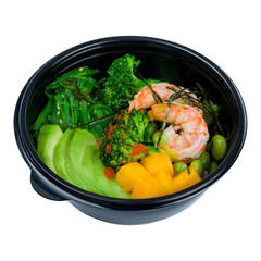 Poke with shrimps, avocado, chukka,mango,broccoli and rice on black bowl isolated on white background