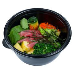 Ahi poke with tuna, avocado, pineapple,broccoli and rice on black bowl isolated on white background