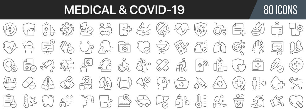 Medical and covid-19 line icons collection. Big UI icon set in a flat design. Thin outline icons pack. Vector illustration EPS10