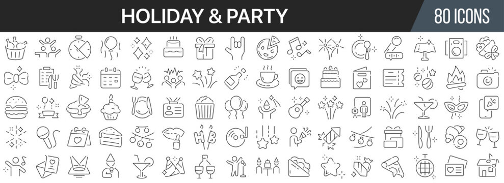 Holiday and party line icons collection. Big UI icon set in a flat design. Thin outline icons pack. Vector illustration EPS10