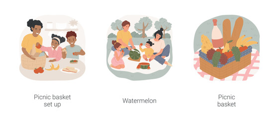 Family picnic isolated cartoon vector illustration set. Picnic basket set up, packing food, family eat watermelon, sitting on grass, meal close up, tablecloth on grass, summertime vector cartoon.