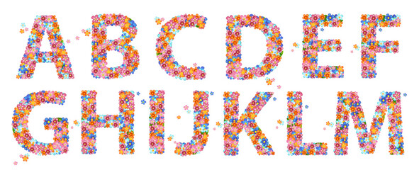 cheerful font alphabet with tiny colorful flowers. flowering set