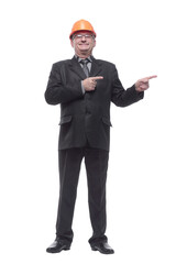 Senior engineer man wearing helmet over isolated white background looking confident with smile on face