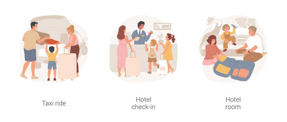 Hotel check-in isolated cartoon vector illustration set. Hotel taxi service, family loading luggage in car, standing at check-in desk, arrival to hotel, unpacking luggage in room vector cartoon.