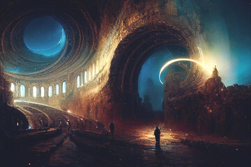 Obraz premium Fantasy fractal portal neon tunnel, magical mysterious majestic landscape, antiquity and modernity, unreal world. 3D illustration.