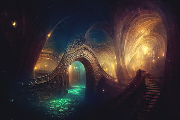 Fantasy fractal portal neon tunnel, magical mysterious majestic landscape, antiquity and modernity, unreal world. 3D illustration.