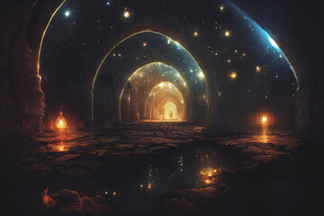 Fantasy fractal portal neon tunnel, magical mysterious majestic landscape, antiquity and modernity, unreal world. 3D illustration. - obrazy, fototapety, plakaty