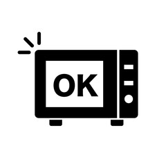 Microwave oven icon with OK sign and microwave oven silhouette icon with defrosting completed. Vector.