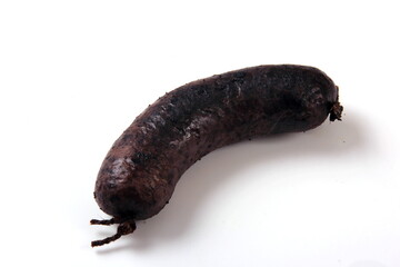 Whole blood sausages on white background, Traditional latvian blood sausages