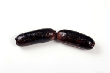 Whole blood sausages on white background, Traditional latvian blood sausages