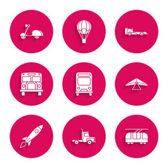 Set Bus, Delivery cargo truck vehicle, Tram and railway, Hang glider, Rocket ship with fire, School, Formula race and Scooter icon. Vector