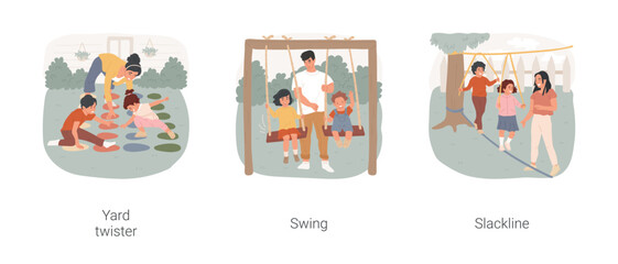 Fototapeta premium Backyard activities isolated cartoon vector illustration set. Family playing twister, outdoors entertainment, summer backyard game, child sit on swing, slackline for kid, playground vector cartoon.