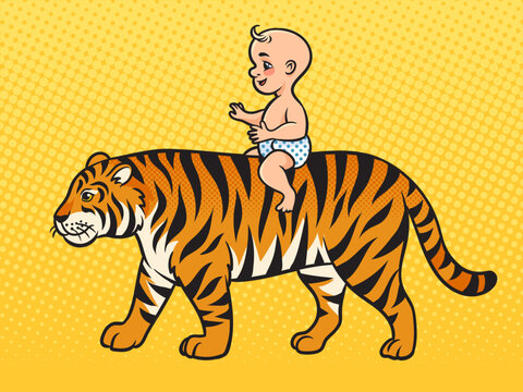 baby child riding tiger pinup pop art retro vector illustration. Comic book style imitation.
