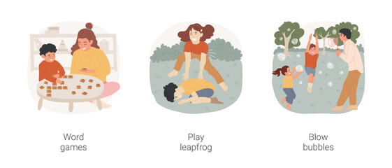 Having fun with kids isolated cartoon vector illustration set. Parent and kid making words with letters, kids play leapfrog, adult blow bubbles, children catch, family leisure time vector cartoon.