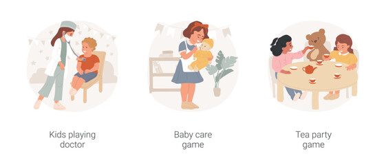 Kids role games isolated cartoon vector illustration set. Kids playing doctor, child using stethoscope, girl nursing baby-doll, babysitting game, mother role, tea party for toys vector cartoon.
