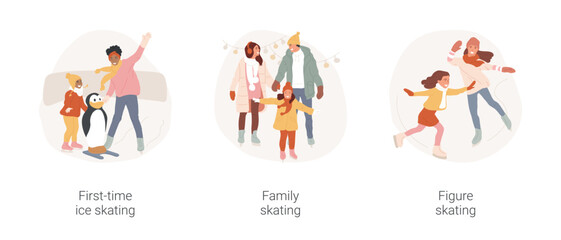 Ice skating isolated cartoon vector illustration set. People ice skating for the first time, family have fun, winter entertainment, figure skating training, kid performing on ice vector cartoon.