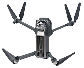 Quadcopter drone creatively sitting as robot with legs and hands on isolated background