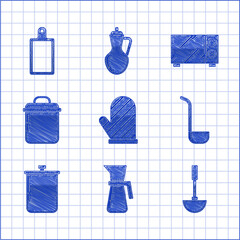 Set Oven glove, Measuring cup, Kitchen ladle, Cooking pot, Microwave oven and Cutting board icon. Vector