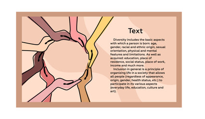 Obraz premium Inclusion, diversity and equality banner. Multinational hands form a circle. Place for text