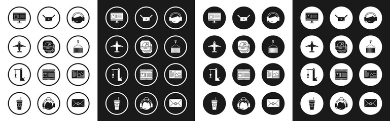 Fototapeta premium Set Support operator in touch, Pizza cardboard box, Plane, Computer monitor with app delivery tracking, Container crane, Cardboard traffic symbol, Postcard and Harbor icon. Vector