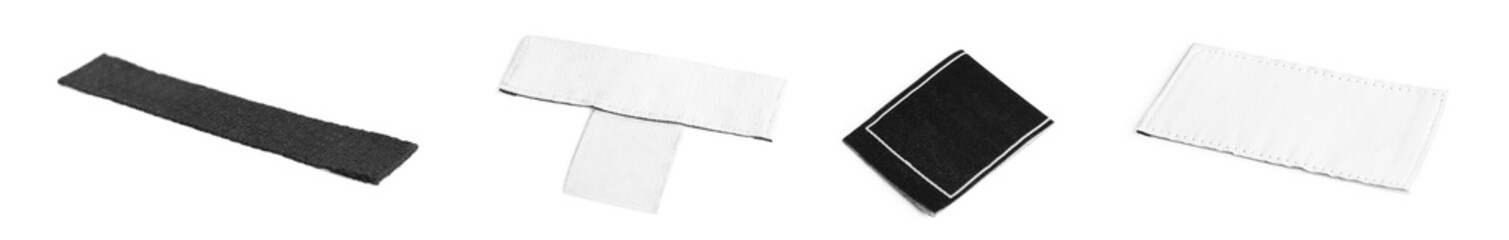 Different blank clothing labels on white background, collage. Banner design
