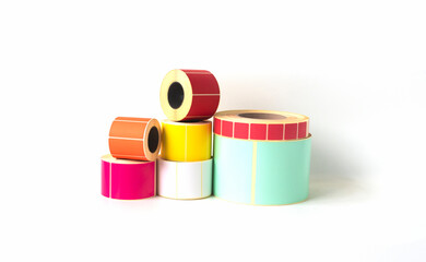 Assortment of bright rolls with self-adhesive labels for advertising, packaging